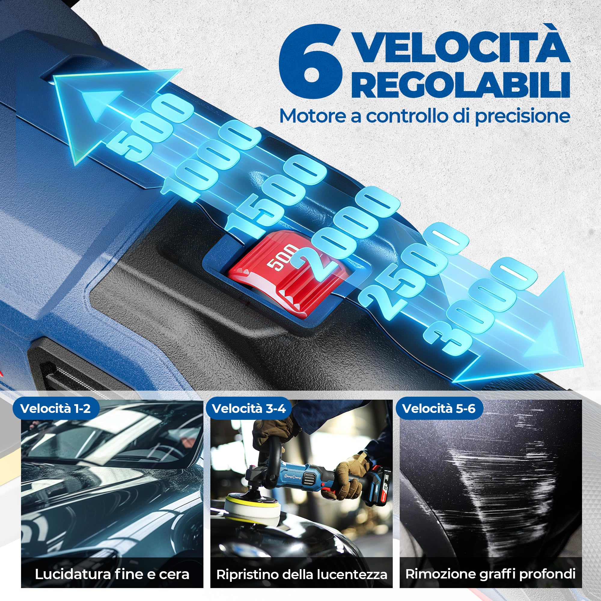 Dong Cheng Lucidatrice Senza Spazzole 150mm con Batteria 4,0 Ah, Impugnatura a D, Avvio Graduale, Stabilizzazione Elettronica della Velocità, Caricabatterie – Ideale per Auto, Barca, Mobili