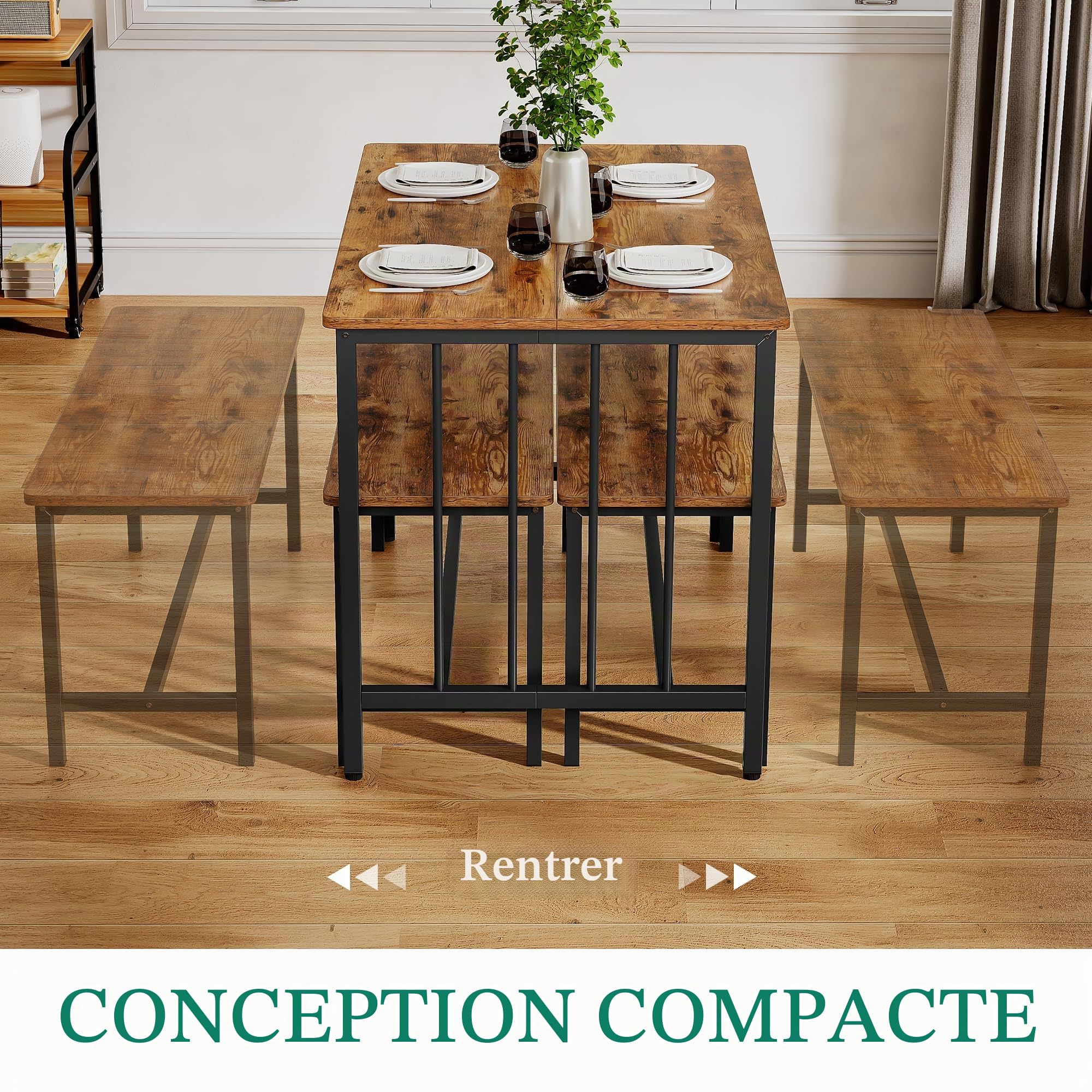 YITAHOME Ensemble Table de Salle à Manger et 2 chaises, Ensemble de Salle à Manger 3 pièces avec Banc, Peu encombrant, Table à Manger pour Cuisine, Appartement, Marron Rustique