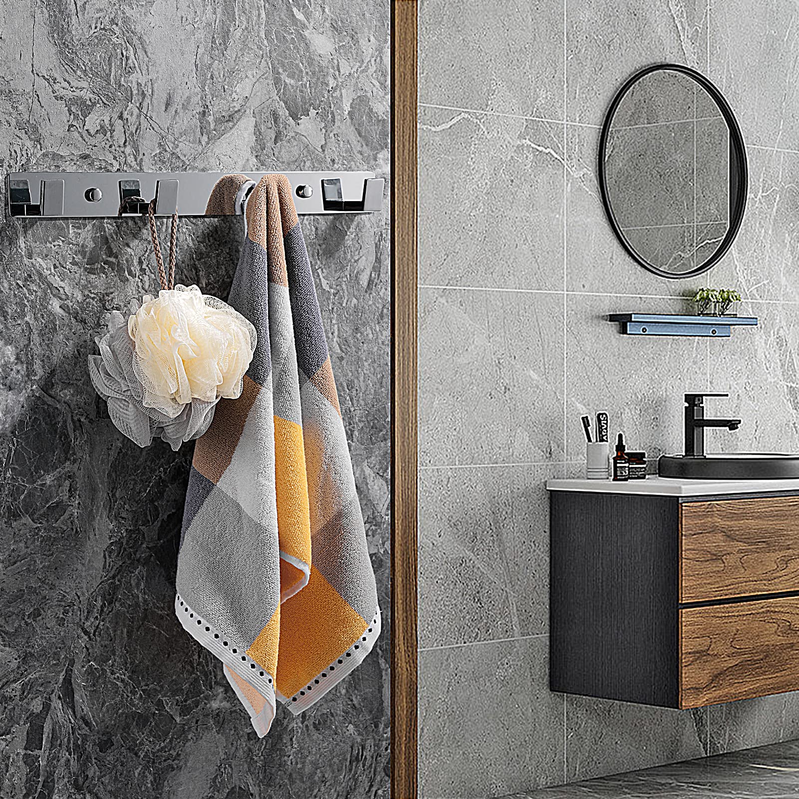 YUET Percheros Pared con 4 Ganchos, Acero Inoxidable, Ganchos Perchas de Montaje en Pared, Colgadores Toalleros de Gancho para Baño Cocina Albornoz Trapos Puerta Entrada, Cromado