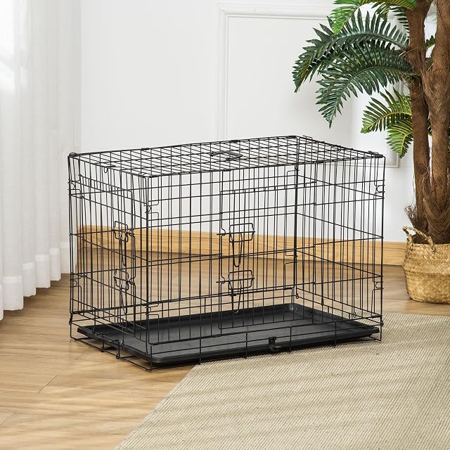 Foto 8 de 8 de PawHut Transportín de Perro de 2 Puertas Jaula de Alambre para Perros Plegable con Asa Acero 76x46x52 cm Negro