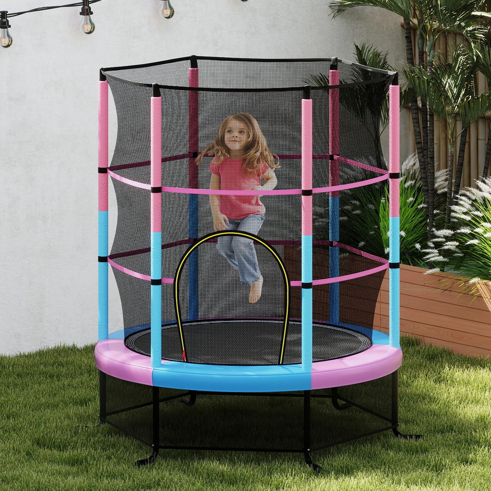COSTWAY Trampoline Extérieur Enfants Ø165 CM avec Filet de Sécurité, Trampoline Enfants avec Cadre en Acier & 6 Poteaux Recouvert de Mousse, Charge Max 135kg pour Garçon et Fille…