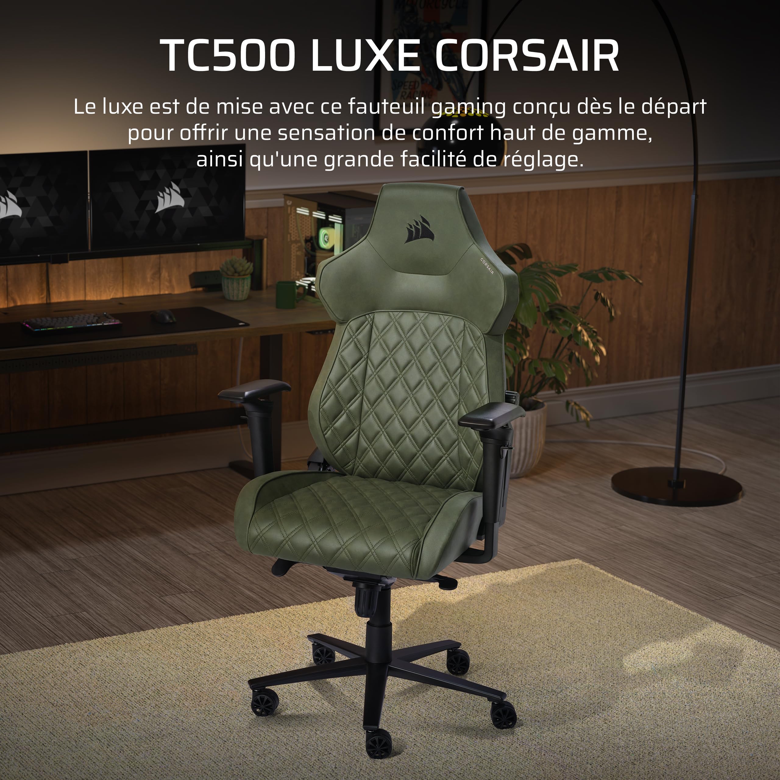 Corsair TC500 Luxe Fauteuil Gaming – Tissu Respirant de Qualité Supérieure – Sièges Larges – Accoudoirs Réglables dans Cinq Directions – Support Lombaire Réglable – Inclinaison 90-135° – Sherwood