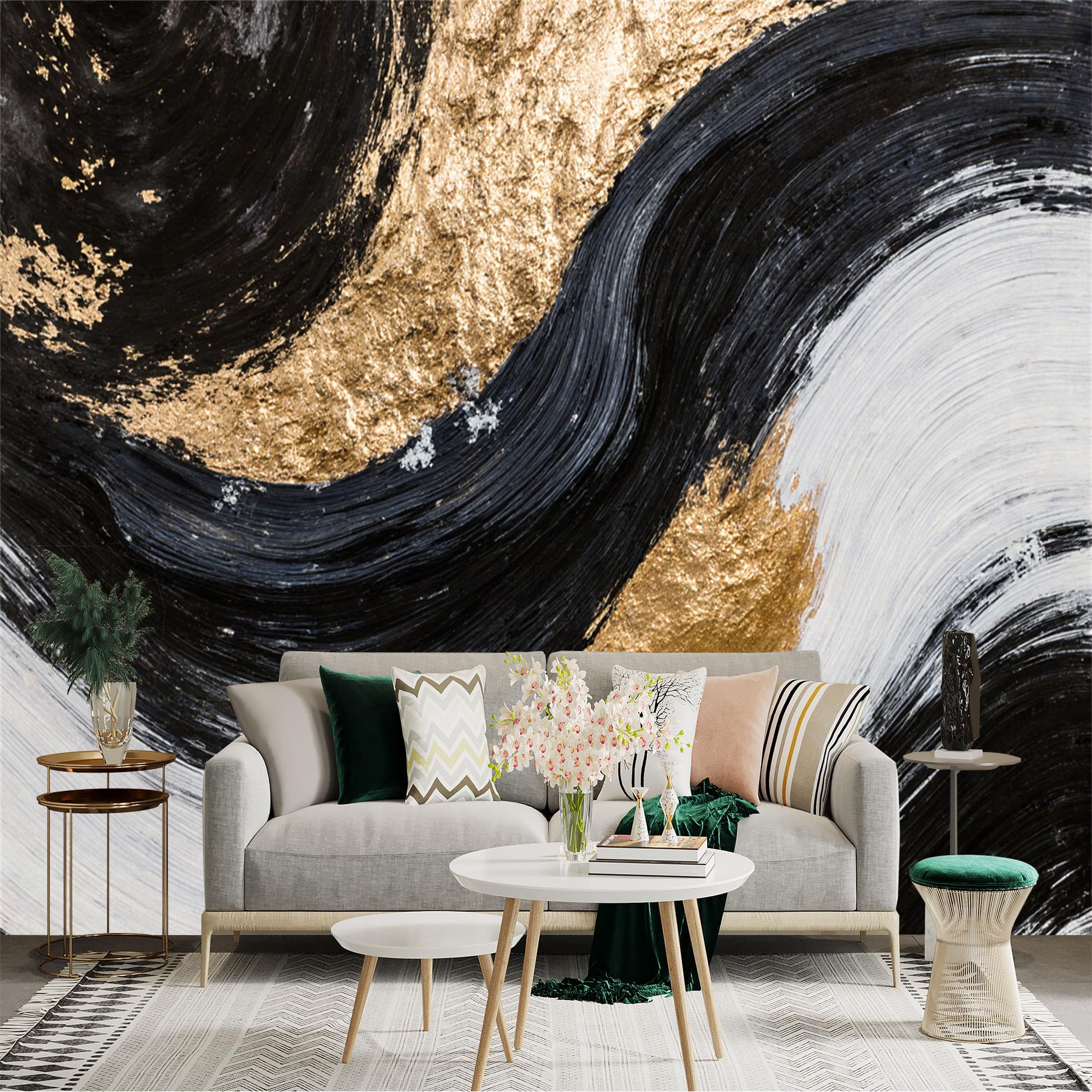Custom Size Wall Sticker Mural， Modern Abstract Black White and Gold Texture， Minimalist Fluid Art Oil Painting， for wall Decoration， peelandstick wall Decals.