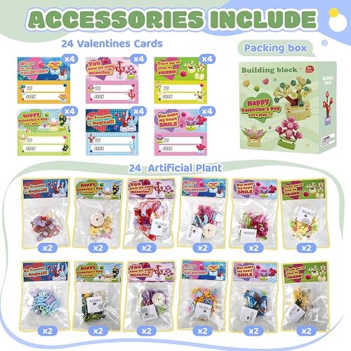 Miniatura 2 de MOCOLIT 24 piezas de regalos para el día de San Valentín para niños, escuela, bloques de construcción de suculentas con tarjetas del día de San