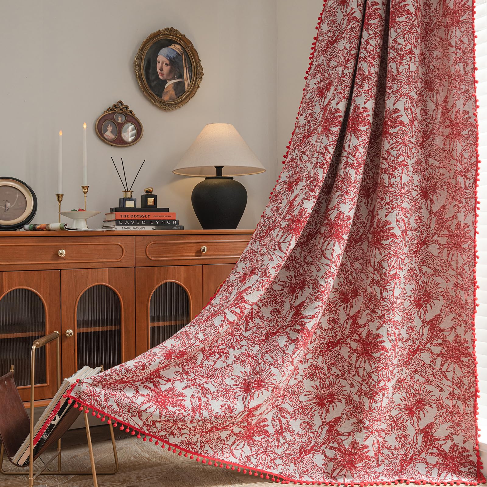 USTIDE Boho Red Coconut Tree Jacquard Semi-Blackout Curtain with Pompom Tassels 150x180cm for Bedroom Living Room 1 Panel