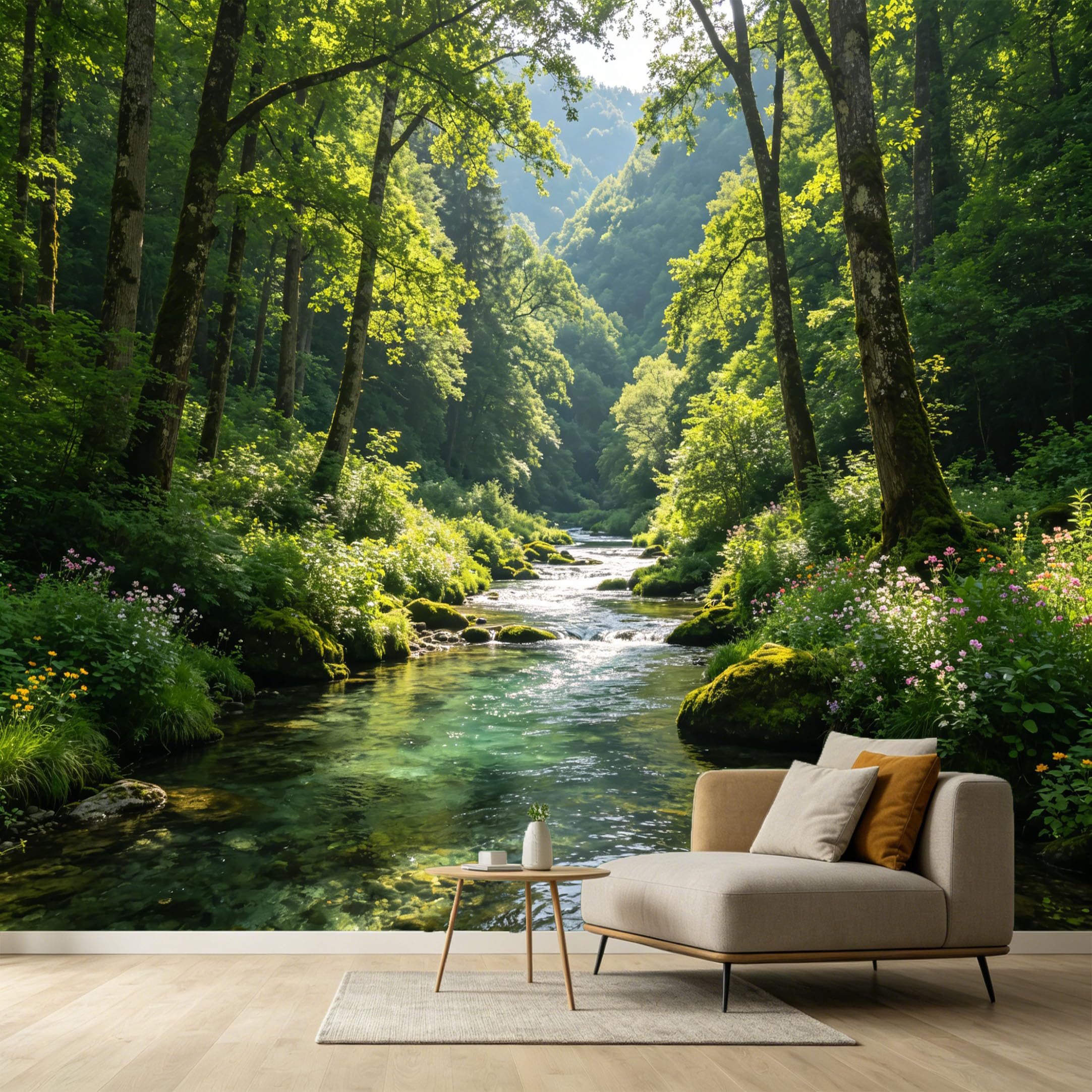 Custom Size Wall Murals Sunlight Forest Stream Landscape Botanical SelfAdhesive Wall Fabric Removable Large Wallpaper for Photo Living Room Interior Wall Decor Art