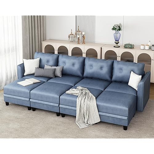 LLappuil Modular Sectional Couch with Reversible Chaise Faux Leather Fabric Oversized 8 Seater U Shaped Sectional with Storage Convertible Sofa Sleeper Couch, Navy Blue