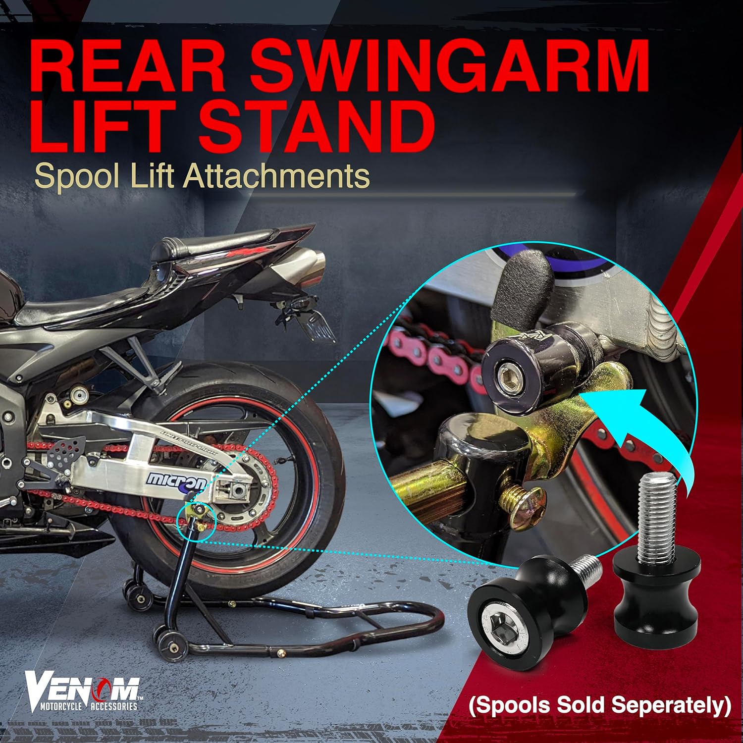 Venom Sport Bike Motorcycle Rear Wheel Swingarm Spool Lift Stand Paddock Stands Compatible with Yamaha Honda Kawasaki Suzuki Ducati BMW : Automotive