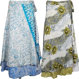 Mogul Interior 2pc Womens Wrap Skirt Printed Silk Sari Reversible Dress One Size