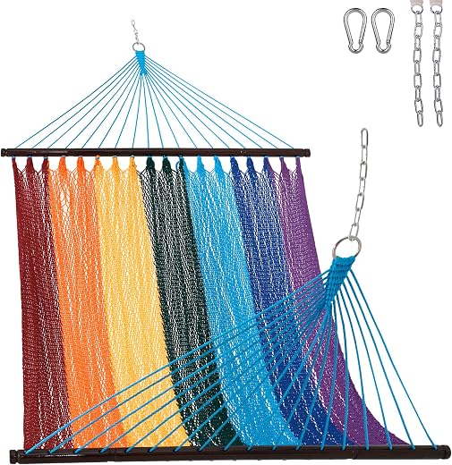 Lazy Daze Hammocks 10.5 FT Double 2 Person Caribbean Rope Hammock, Hand Woven Polyester Hammock with Spreader Bars, for Ou...