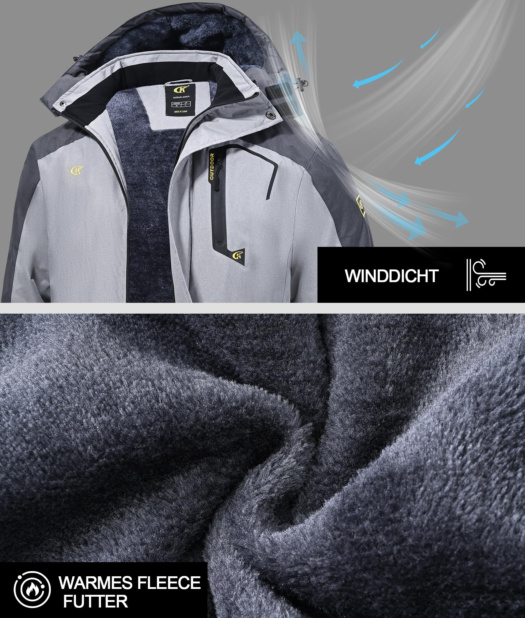 Tyhengta Herrenjacke Winter Fleece Skijacke Wasserdicht Outdoor Wanderjacke Winddicht Gefüttert Kapuze