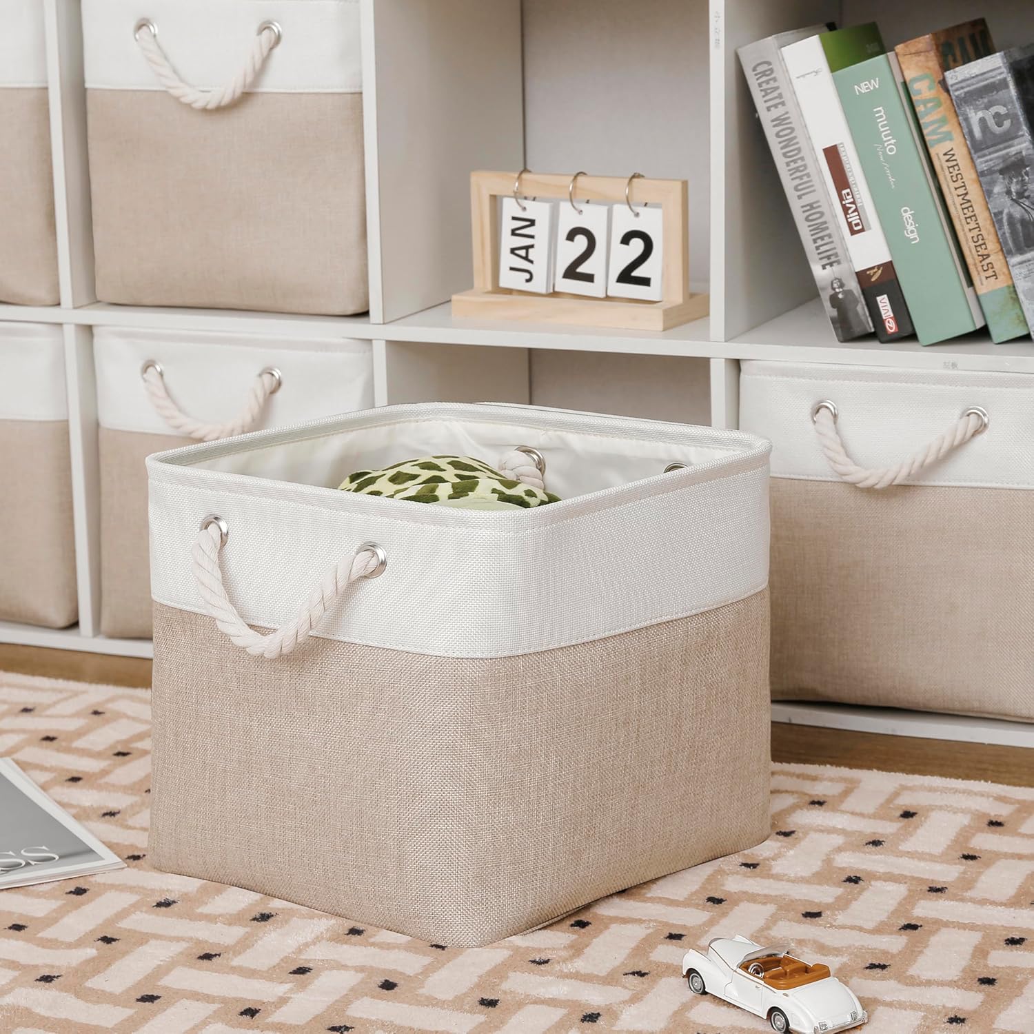 13×15×13 Inch Storage Cubes,6 Pack Cube Storage Bins for Shelves,Fabric Collapsible Storage Bins with Handles, Foldable Storage Basket for Organizing Clothes,Books (White&Beige,13"x15"x13")