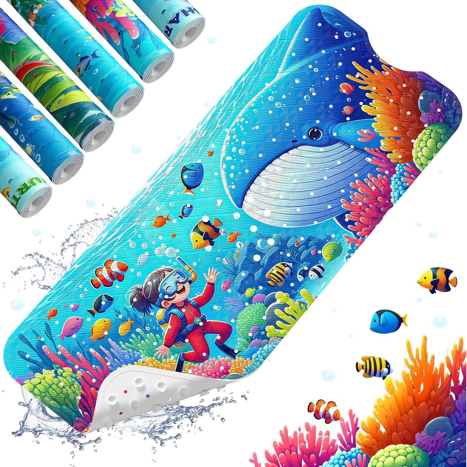 xiyunte baby bath mat for tub non slip kids bath mat - 40''x16'' extra long cartoon bathtub mat non slip kids shower mat eco-friendly toddler bath mats with suction cups, machine washable j-shark 2