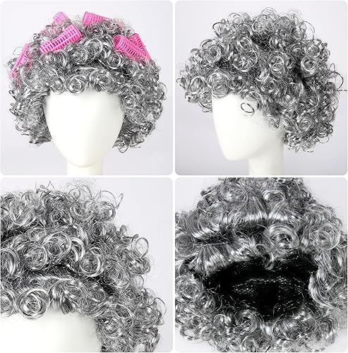 Miniatura 5 de INFLATJOY Disfraz de anciana para niños, conjunto con peluca para 100 días de escuela o disfraz de Halloween