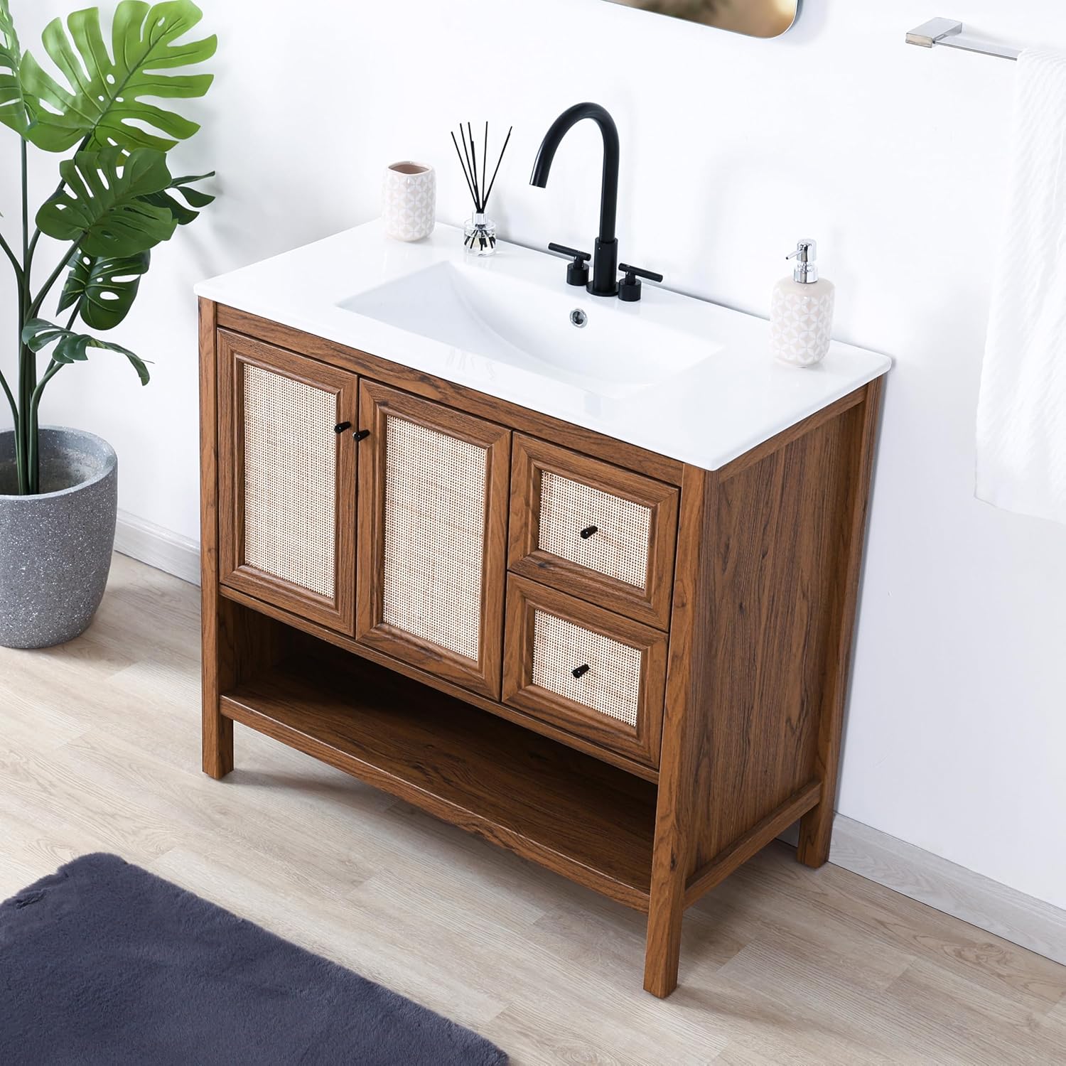 JONATHAN Y Jasper Walnut 36 in. W x 18 in. D x 33 in. H Bathroom Vanity Cabinet with Rattan Soft-Close Doors and Drawers, Freestanding Coastal Storage, Sink Basin not Included VAN1025B