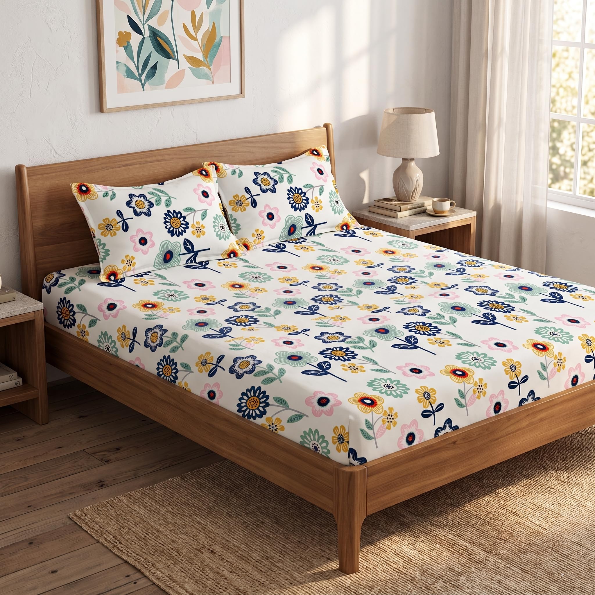 LOOMLYFE 300 TC Cotton Feel Glace Cotton Elastic Fitted Printed Queen Size Double Bed Bedsheet with 2 Pillow Covers Fits Upto 8 inches,Size- 60x78x10 Inches, BlueSunflower