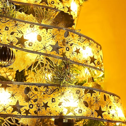 Miniatura 5 de Decoración para árbol de Navidad, tira de cinta dorada de 32 pies para árbol de Navidad, 100 luces LED, lazos de alambre de cobre, luces para