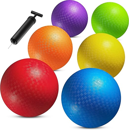 8.5 Inch Playground Balls Dodgeballs for Kids & Adults - (Pack of 6) Inflatable Rubber Indoor Outdoor Bouncy, Kickballs, Four Square and Handballs for School, Gym, Recess and More with Ball Pump