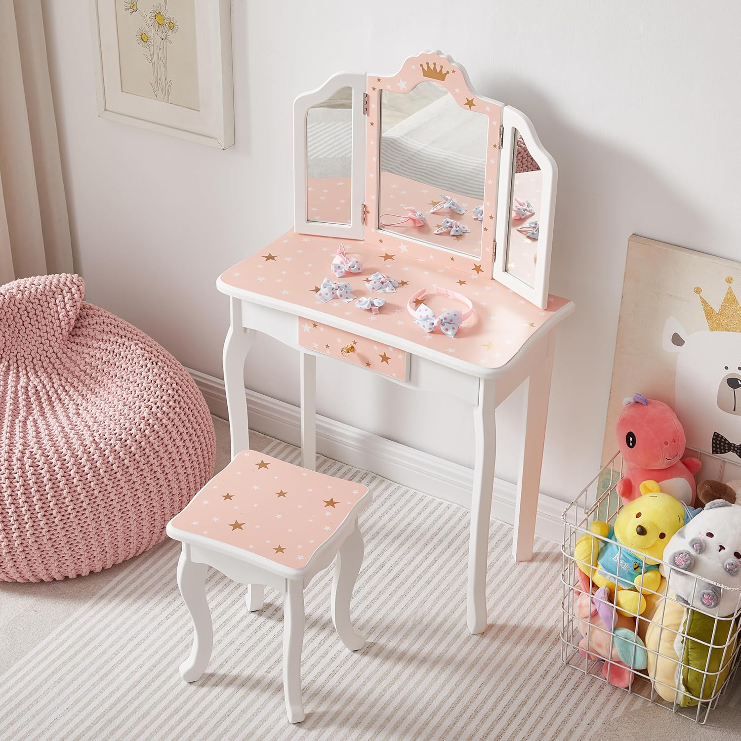 Kids Vanity Table and Chair Set, Girls Vanity Set with Stool, Tri-Folding Mirror, Makeup Dressing Table with Drawer for Little Girls (Pink)