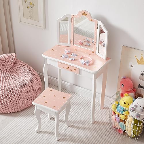 Miniatura 6 de Juego de mesa y silla para niños, juego de tocador para niñas con taburete, espejo de tres pliegues, mesa de princesa de maquillaje con cajón para