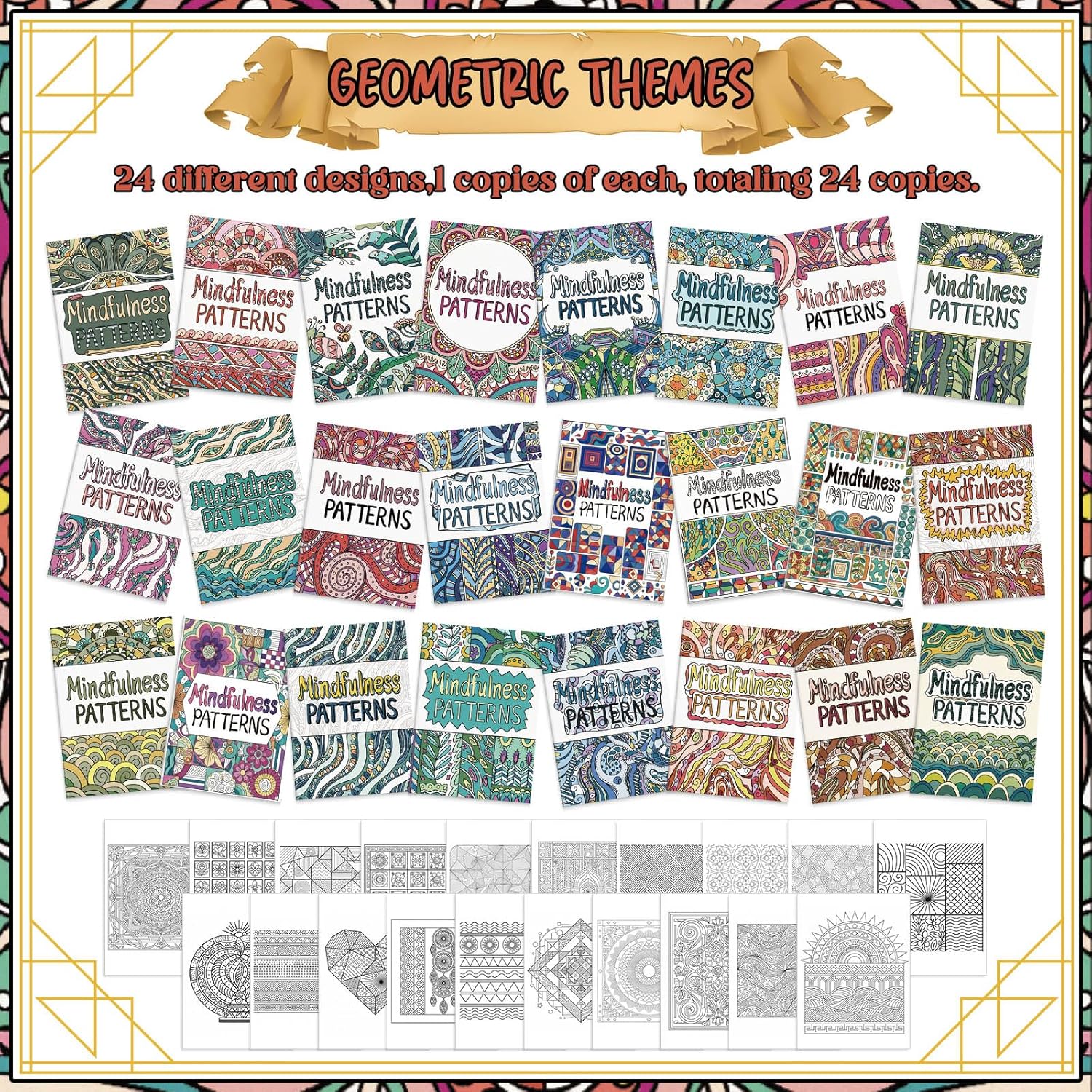 Liliful 24 Pcs Mindfulness Geometric Theme Coloring Book Bulk – Intricate Pattern & Mandala Coloring Books for Stress Relief, Ideal for Adult Relaxation, Gift Fillers & Self-Care Activities