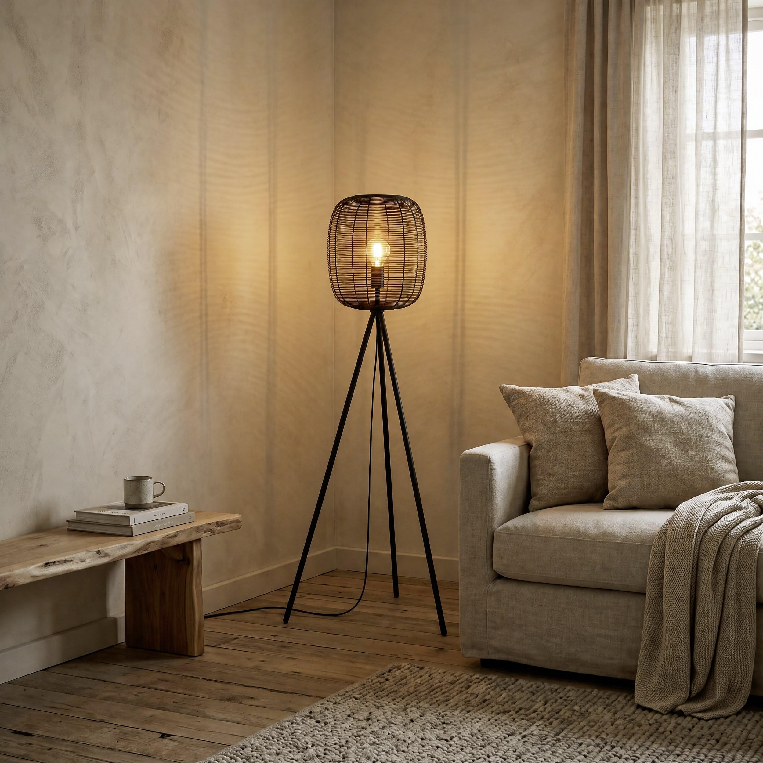 Eglo Rinroe - Lampada da terra con treppiede, soggiorno, industriale, in | metallo di colore nero, attacco E27