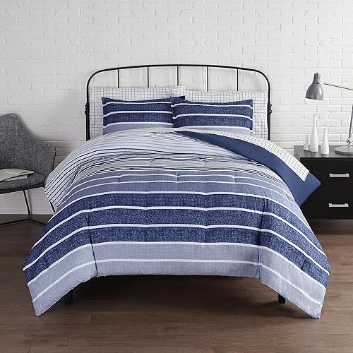 Serta Simply Clean Conrad - Juego completo de edredón de 5 piezas a rayas abigarradas en una bolsa, juego completo de ropa de cama con sábanas y