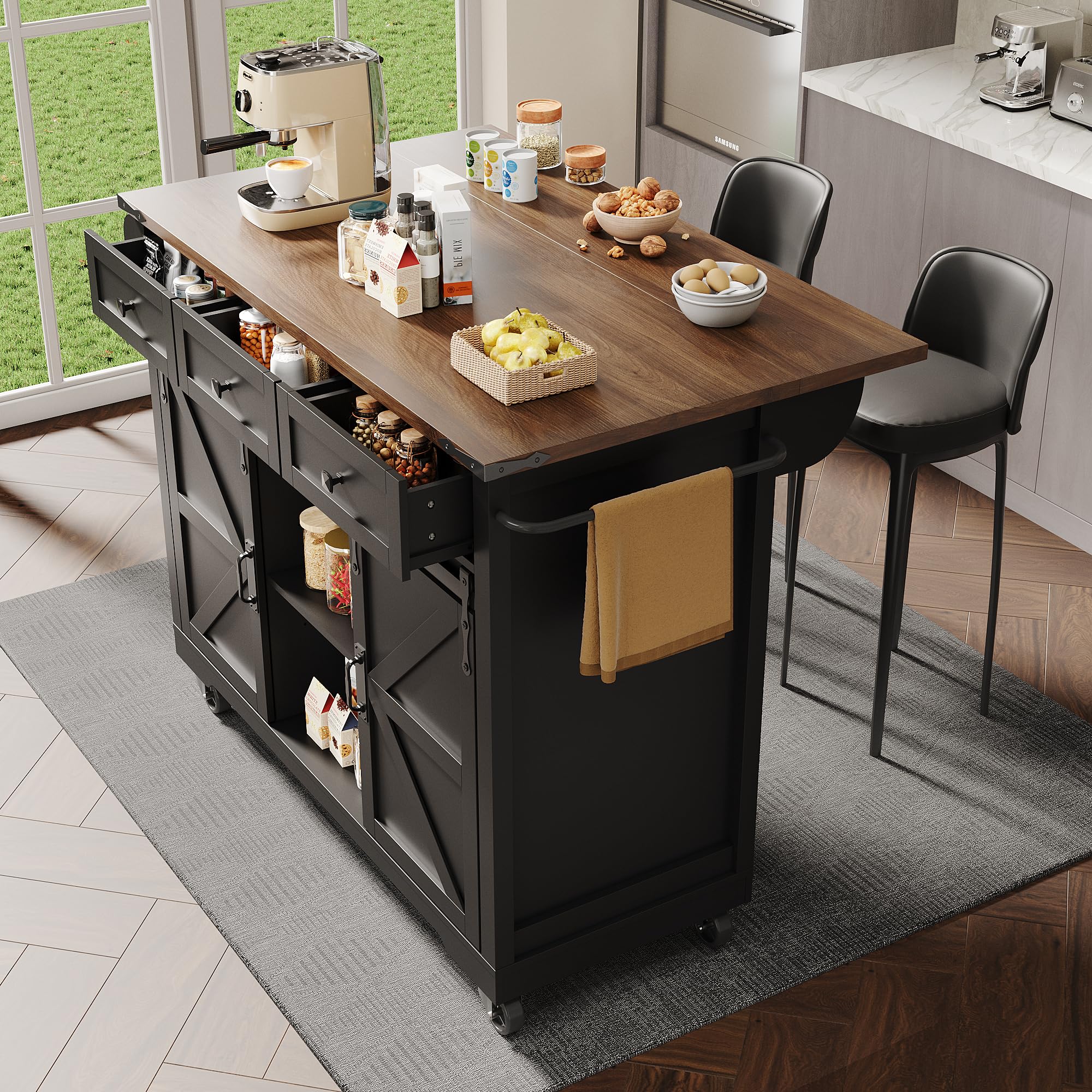 Merax Kücheninsel mit klappbarer Arbeitsplatte, Küchenwagen auf Rollen, Küchenschrank mit Schiebetüren, Servierwagen Holzoptik, mobiler Esstisch ausziehbar, Schwarz, 140x45-73x94 cm