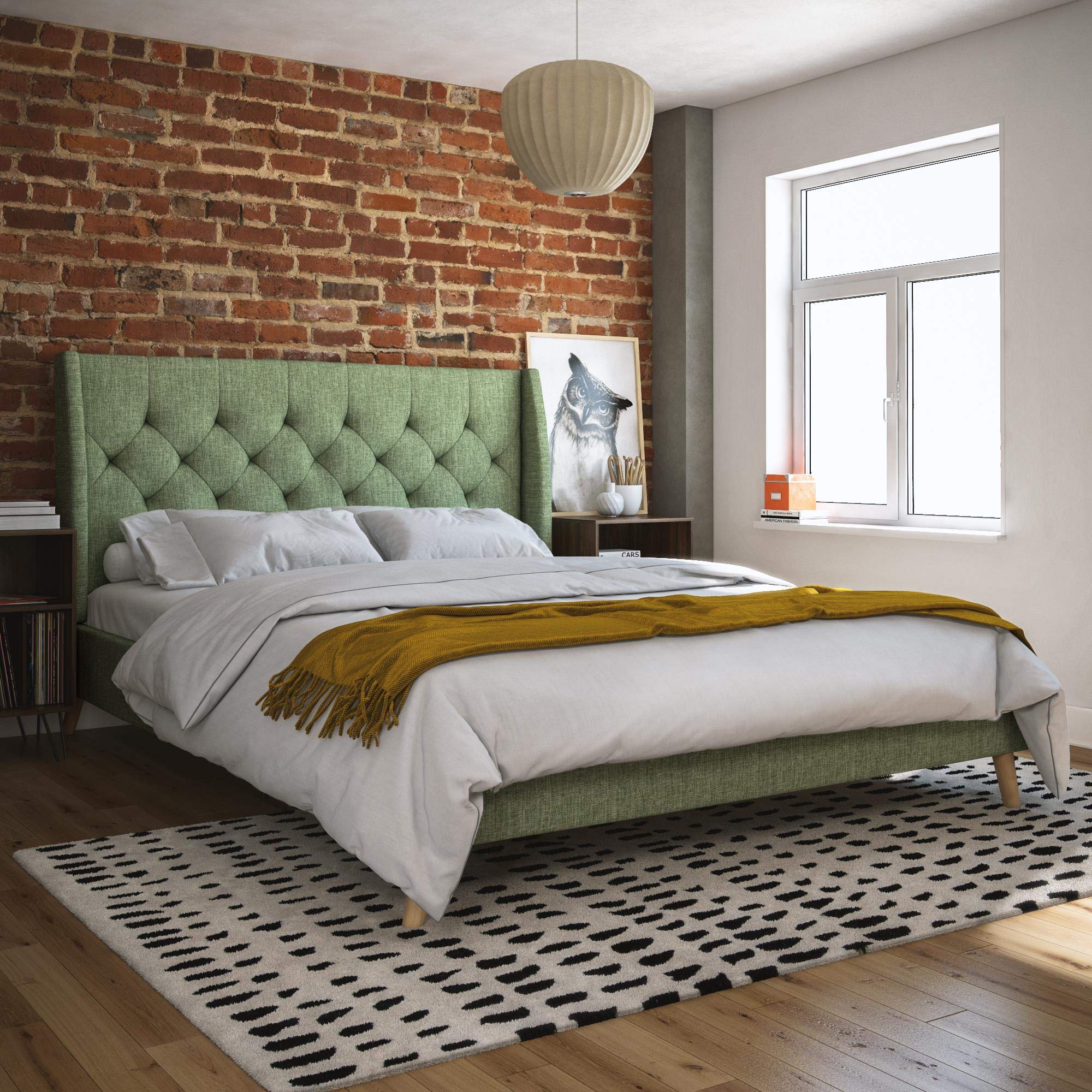 Novogratz Her Majesty Bed - Green King - Tufted Linen Wingback Headboard - Bentwood Slat System