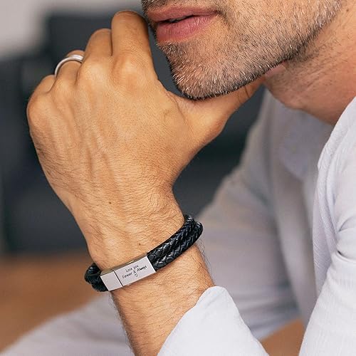 Miniatura 6 de Pulsera personalizada grabada para hombre, cuero negro, grabado personalizado, regalo del día del padre para él