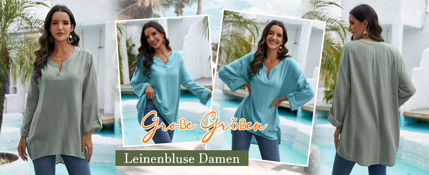 Chemise Lin Femme Col V Manches Longues – Tunique Coton Lin Respirante, Chic & Décontractée – Automne Été Grande Taille