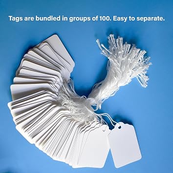 500 Merchandise Tags with String Attached - 2 1/4 x1 7/16 - White Marking Hanging Paper Tags with Strings, Labels to Tie On