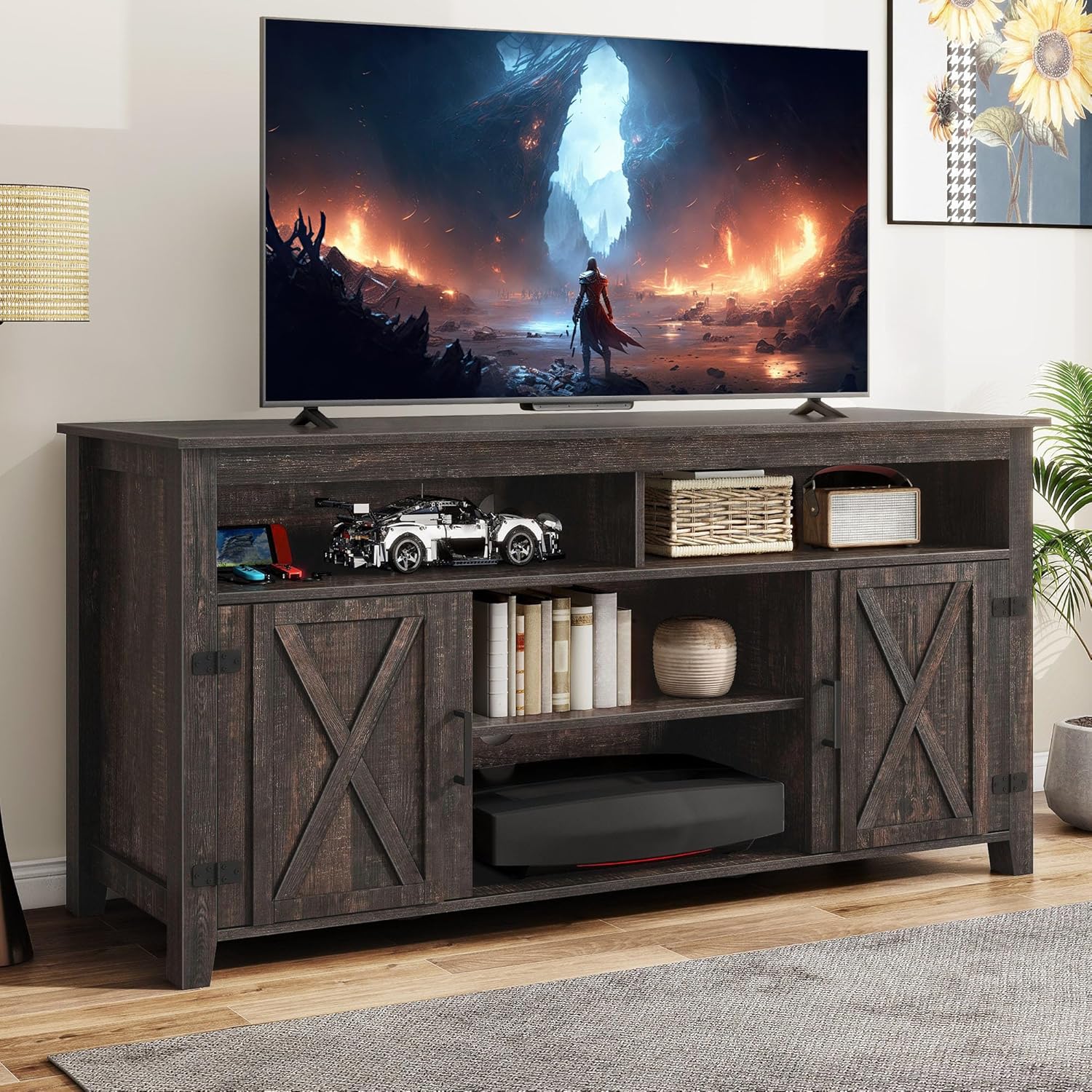 DWVO TV Stands for Living Room, Farmhouse Entertainment Center for 65 Inch TV, Rustic TV Console with Storage and Barn Door, Console Table Media Television Stands, 59 Inches, Light Rustic Oak