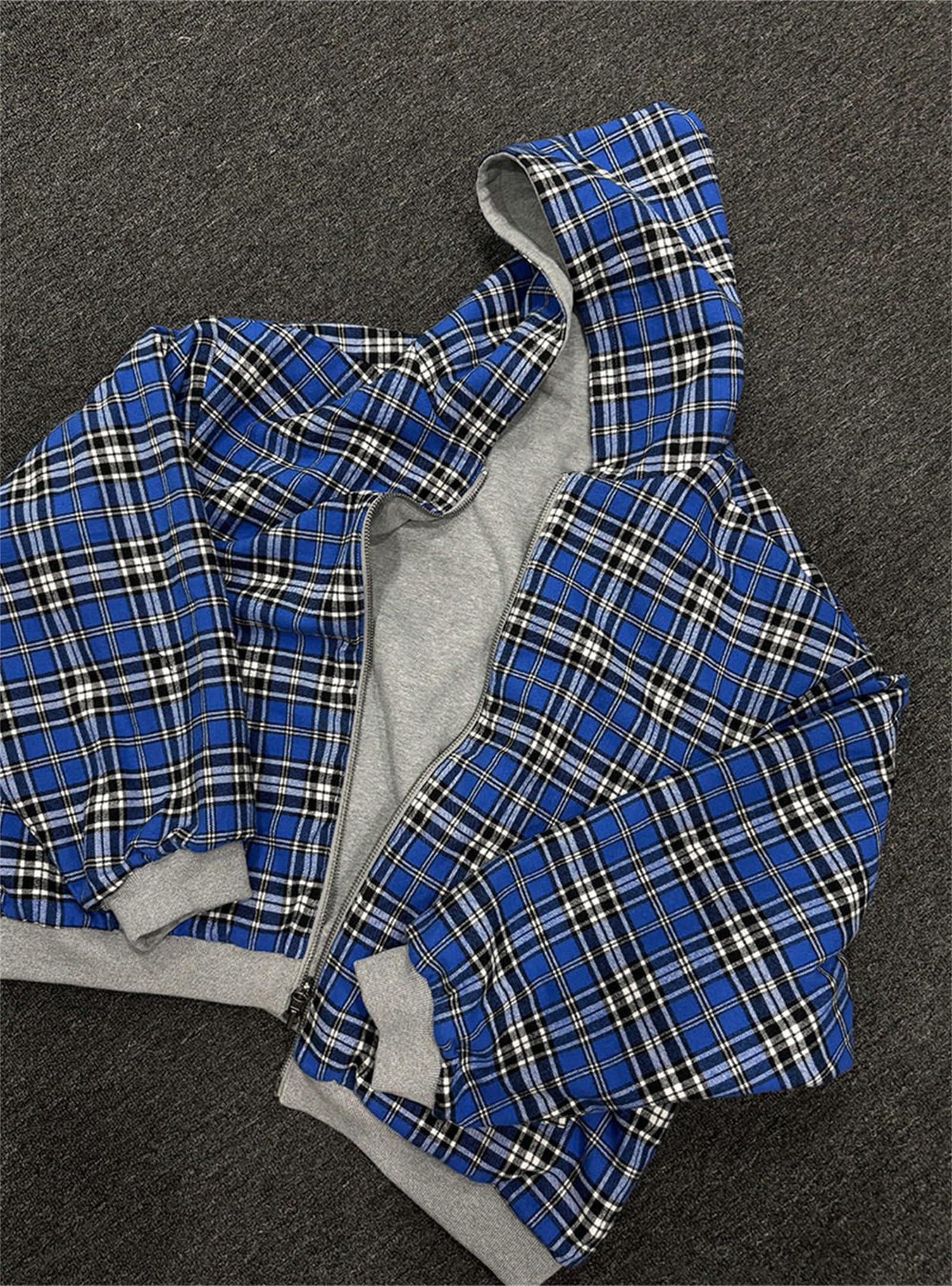 Generisch Oversize-dwustronna bluza z kapturem dla kobiet i mężczyzn, w kratkę, w stylu Streetwear-vintage, z zamkiem błyskawicznym i kapturem