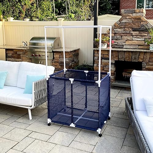 Miniatura 5 de Soporte para equipo de piscina con barras de secado de toallas, organizador de almacenamiento multiusos con ruedas de malla, colgador de toallas