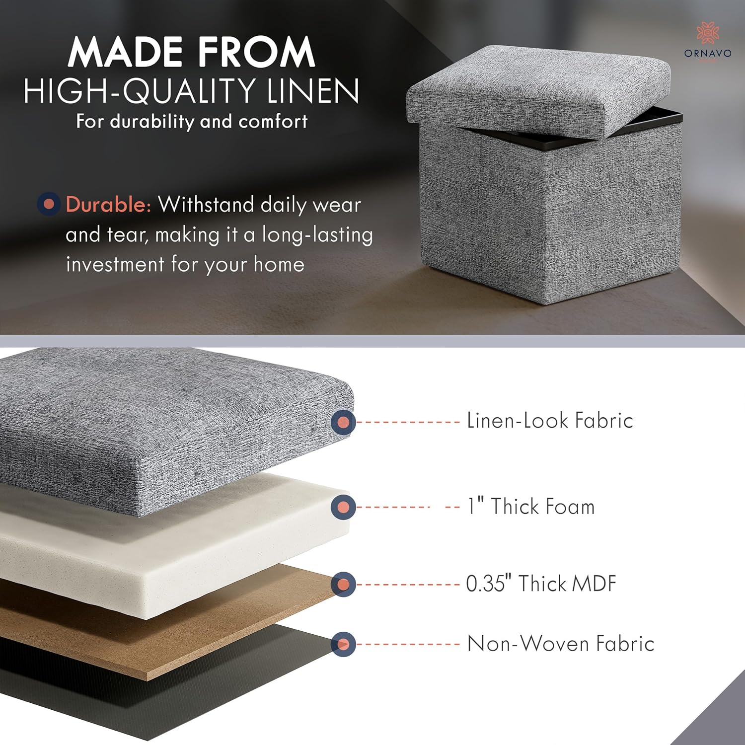 Ornavo Home Small Storage Ottoman Foldable Collapsible Cube Square Linen Ottoman Foot Rest Stool Seat, for Living Room, Bedroom, Home Office, Dorm - 12 x 12 x 12, Gray - Image 4