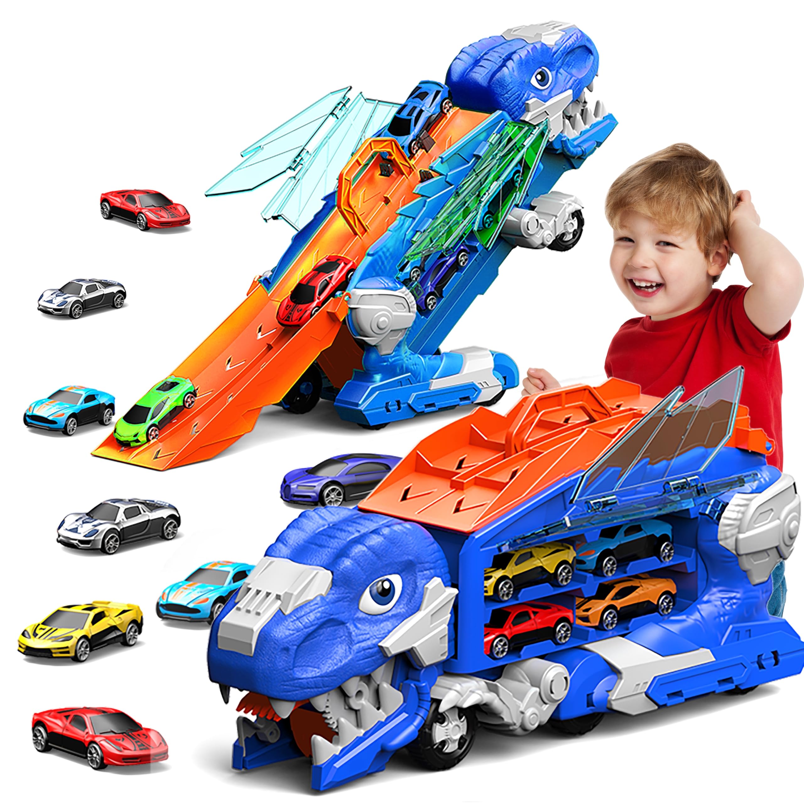 車 おもちゃ 恐竜 おもちゃ 1 青の恐竜の貯蔵車 8 レーシングカー演劇セット 3 4 5 6 年 男の子 女の子 誕生日 クリスマス ギフト 子供 パズル 恐竜 車