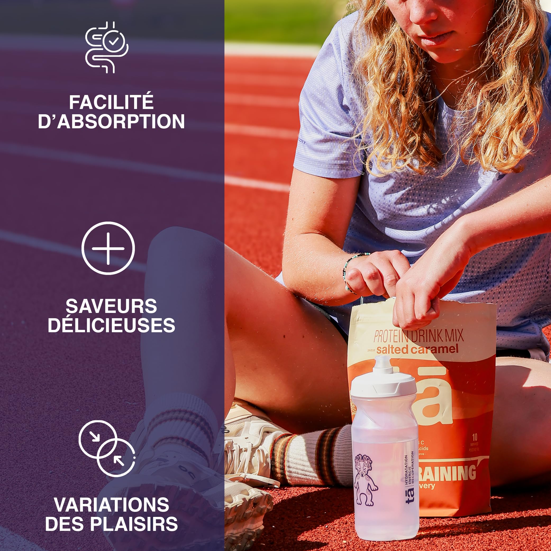 Boisson de récupération TA (Caramel Salé). Riche en Acides Aminés, Protéines, Glucides et Sels Minéraux pour une récupération optimale.