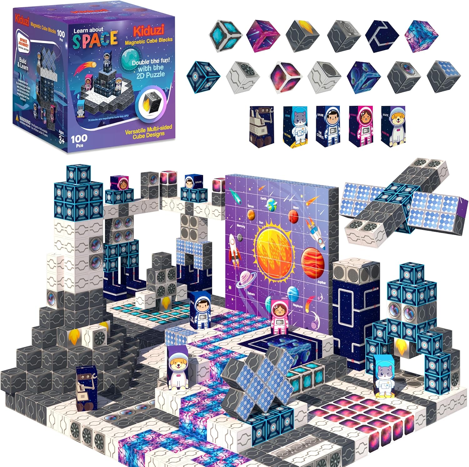 2 in 1 Toy: 1 inch Magnetic Building Blocks – Space Adventure Edition - 100-Piece STEM Toy Ages 3-10+ - 2D Puzzle & 3D Models - Screen-Free Fun - Strong Magnets, Durable & Travel-Friendly