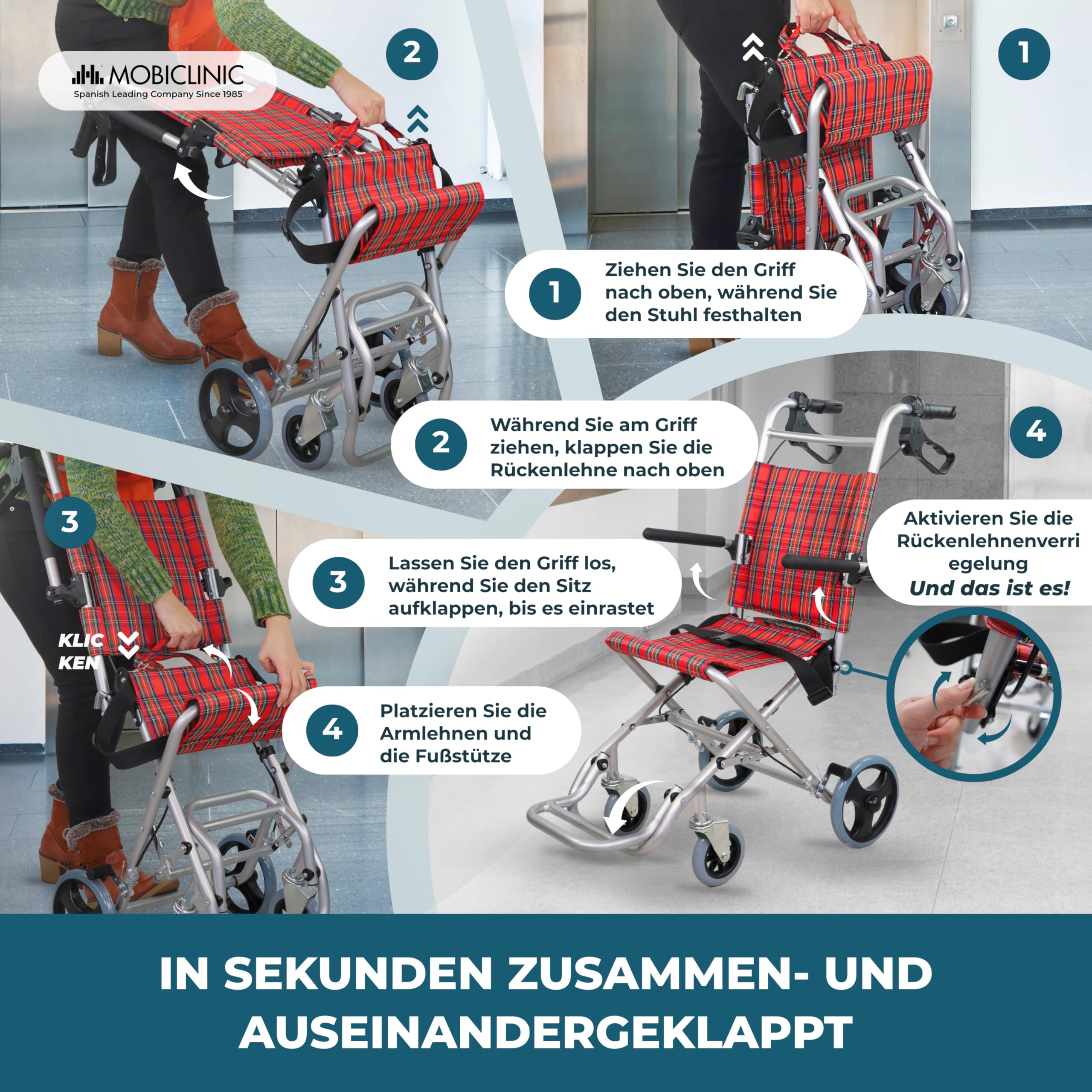 Mobiclinic®, Transitrollstuhl, Modell Neptuno, Aluminium, Klappbar, Bremse an den Griffen, Europäische Marke, Klappbare Fußstützen, Klappbare Armlehnen, Leichtgewicht, mit Sicherheitsgurt