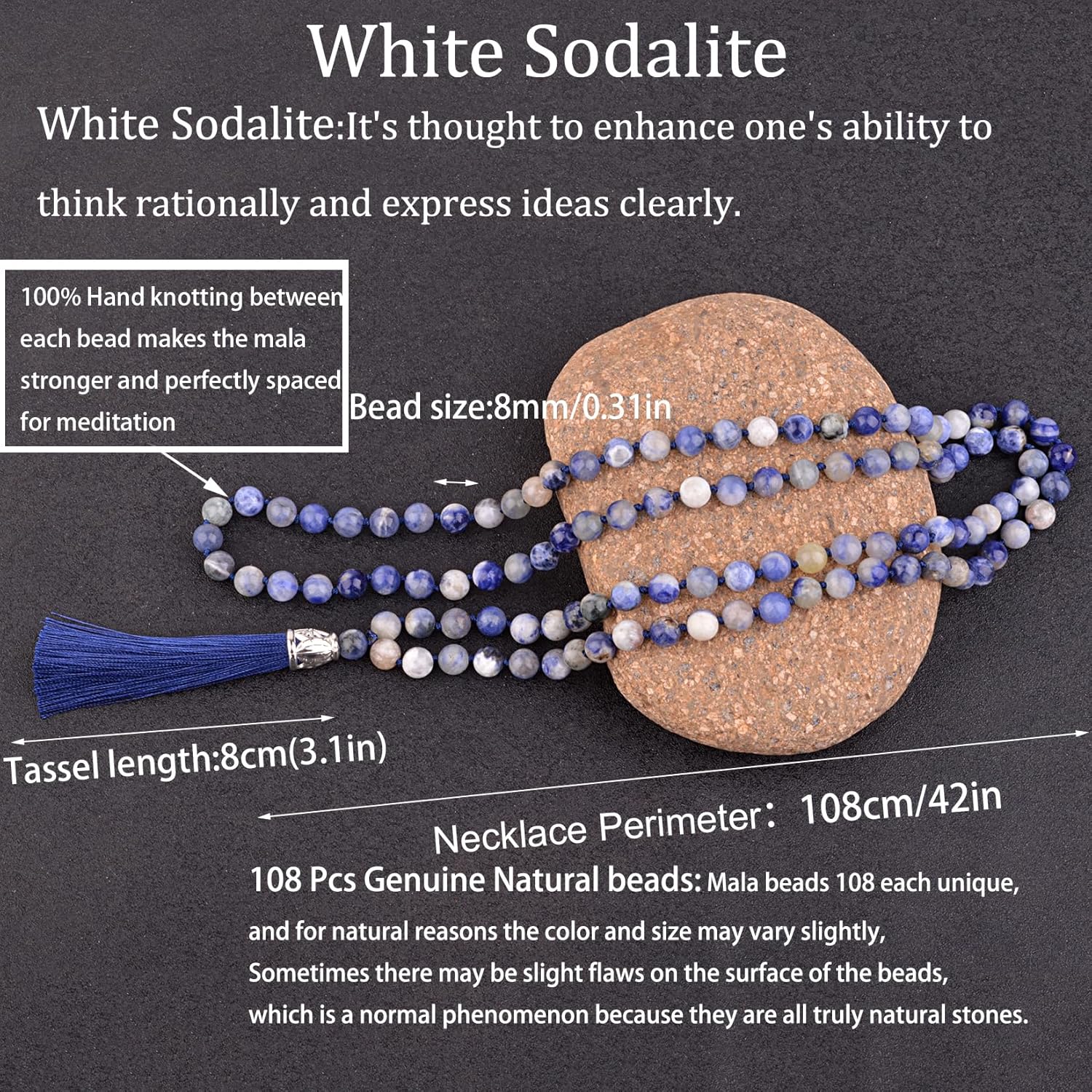 KIKILA Mala Beads 108 Natural Stone GemStones Japamala Yoga Meditation Hand Knotted Beaded Tassel Necklace for Women Men - Image 2
