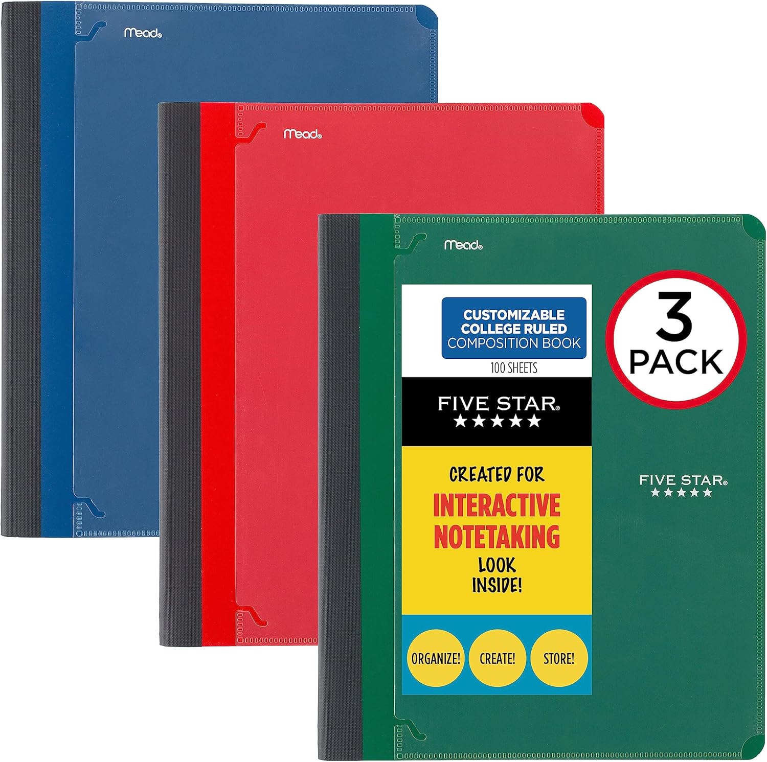 Five Star Interactive Notetaking Composition Books, 3 Pack, 1-Subject, College Ruled Paper, 11″ x 8-1/2″, 100 Sheets, Customizable Cover, Forest Green, Fire Red, Pacific Blue (850069-ECM) Five Star Interactive Notetaking Composition Books, 3 Pack, 1-Subject, College Ruled Paper, 11″ x 8-1/2″, 100 Sheets, Customizable Cover, Forest Green, Fire Red, Pacific Blue (850069-ECM)