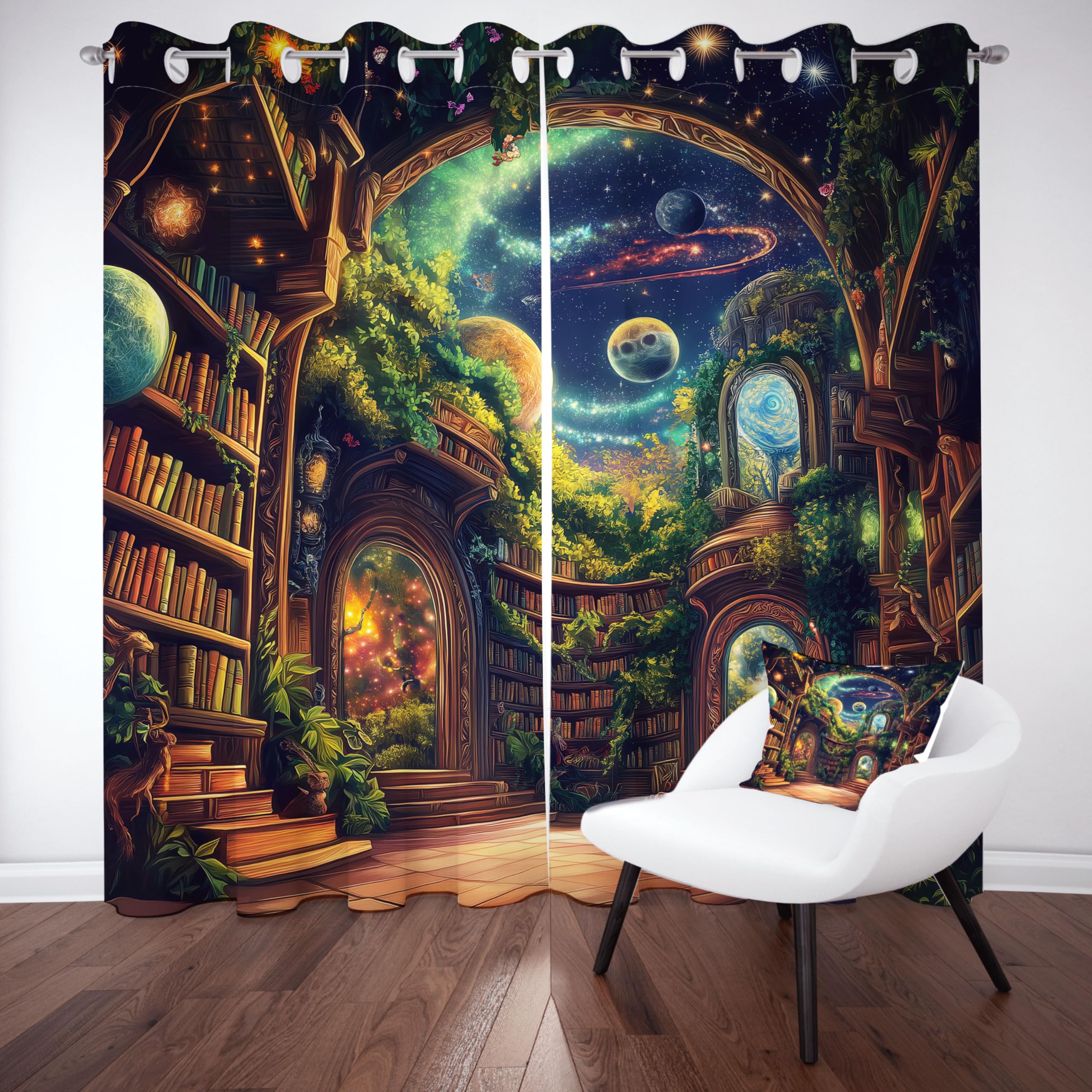 Lot de 2 Rideaux Bibliothèque Étagères de Livres, Rideau Occultant Rêves Univers Planète, Thermique Isolant Anti Froid 70x240, Draperies Interieurs, Rideau a Oeillets pour Salon Chambre