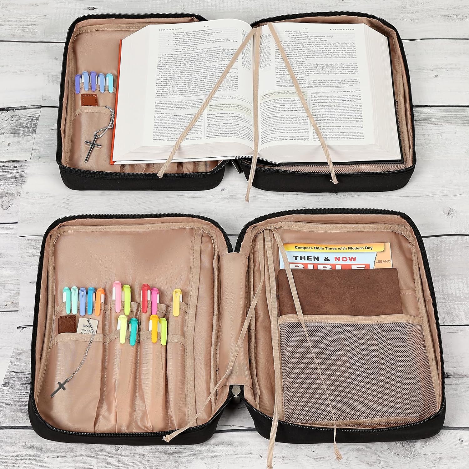 FINDCOZY Bible Cover Case for Women, Large Carrying Church Bag for Biblical Accessories with Shoulder Strap and Handle, Black