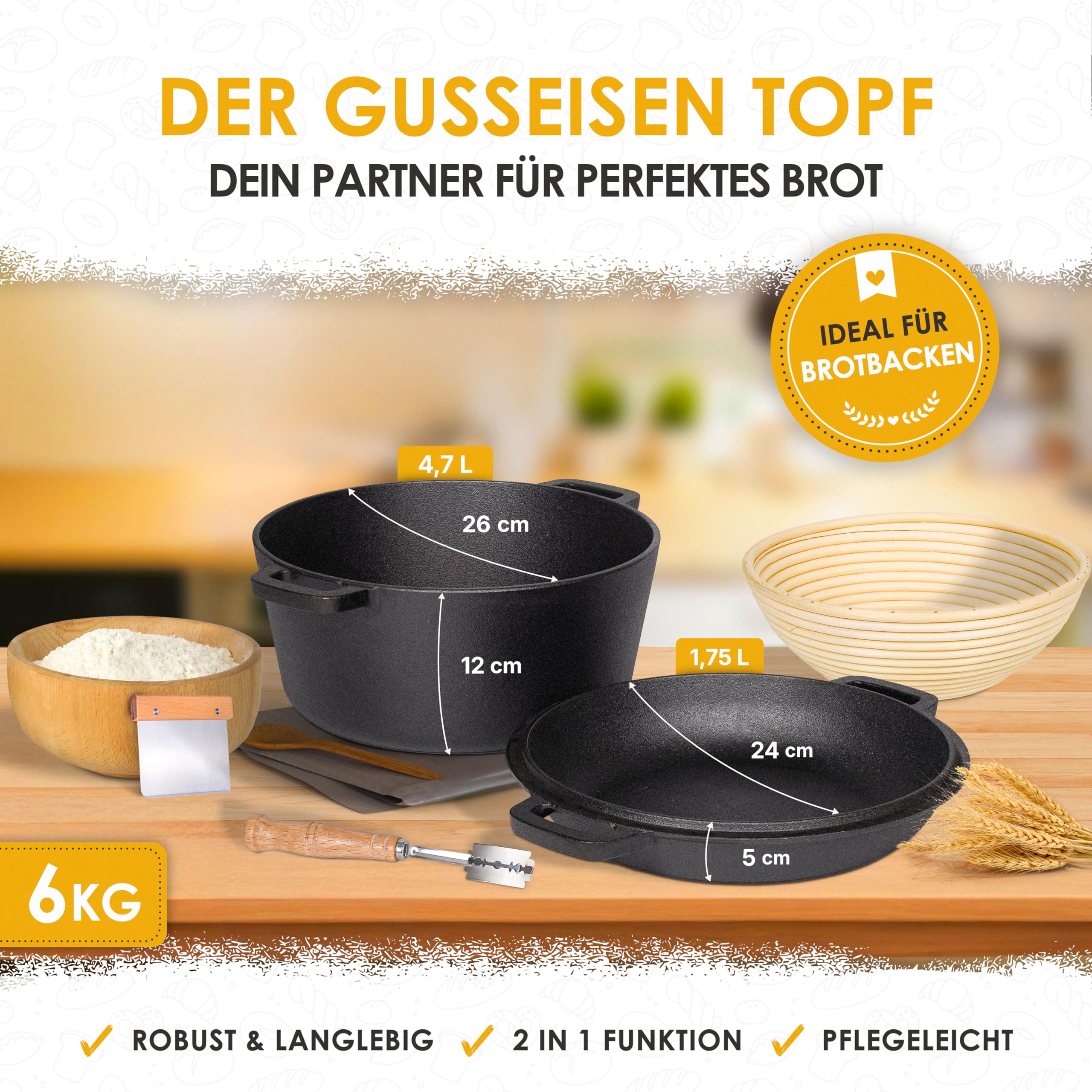 Gusseisen Topf Brot Backen inkl. Gärkorb, Bäckermesser & Teigschaber - 26cm Brotbackform mit Deckel - Komplettes Brotbackset - Idealer Brottopf zum Backen, Brotbacktopf, Brot Backen Zubehör