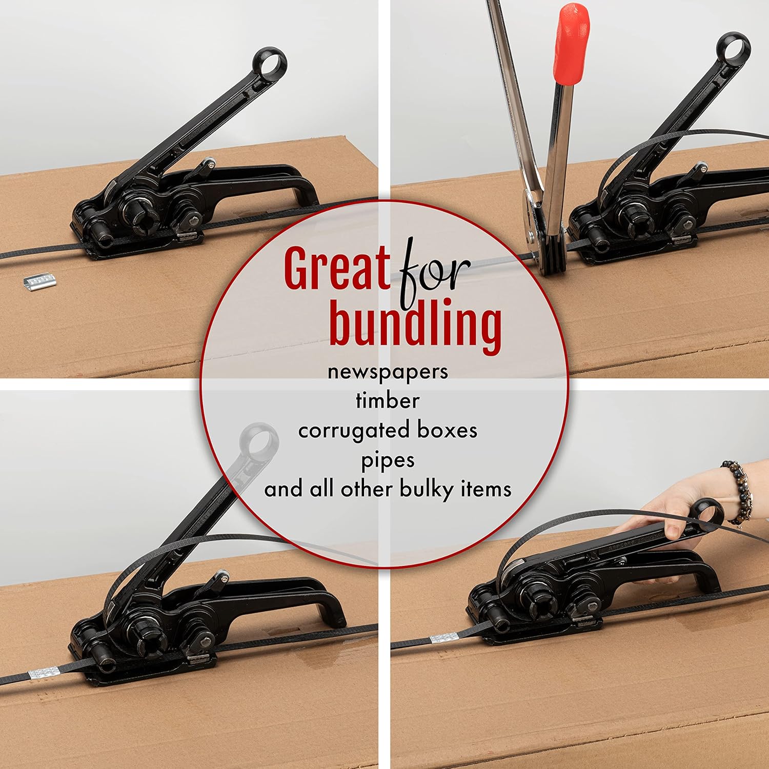 Polyester Strapping Silent Tensioner and Cutter Manual Strapping Tools Windlass for 1/2" - 3/4" Width Polyester Polypropylene Strapping(Black)