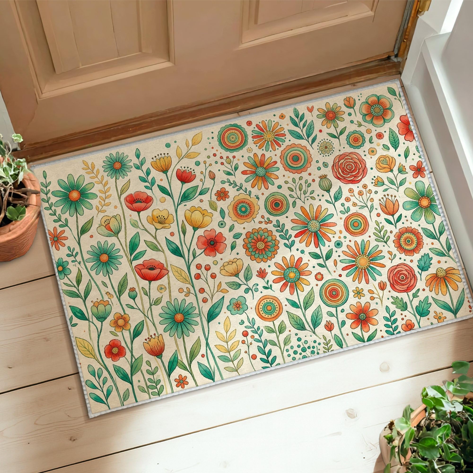 Tapis de sol à fleurs orange 0.6m avec dos antidérapant pour entrée et salle de bain