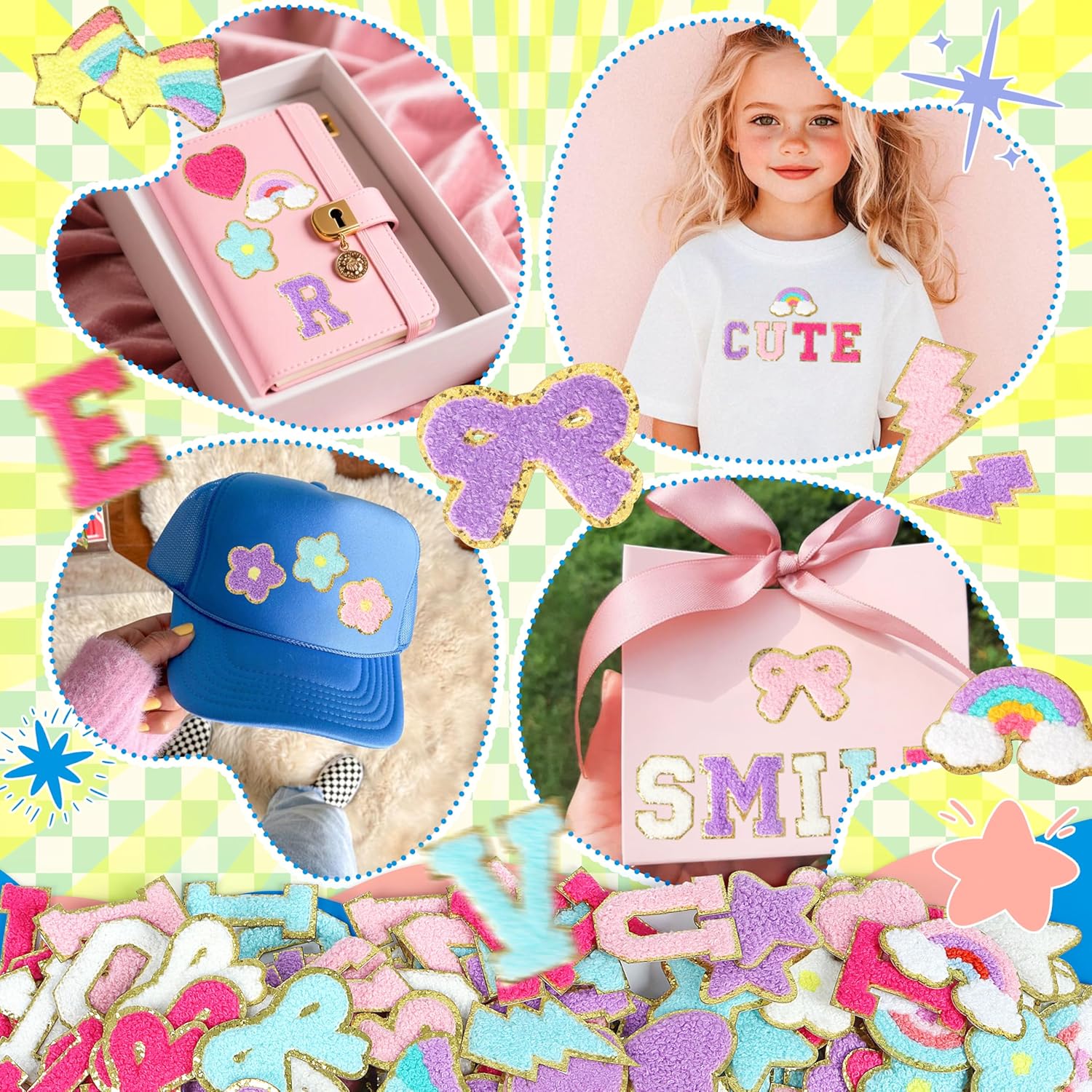 NICEVINYL Adhesive Chenille Letter Patches: 162PCS Self Adhesive Letter Patches for Clothing Backpacks Jacket Hats Bags - Cute Hearts Star Lightning Chenille Patch for DIY Gifts Decor