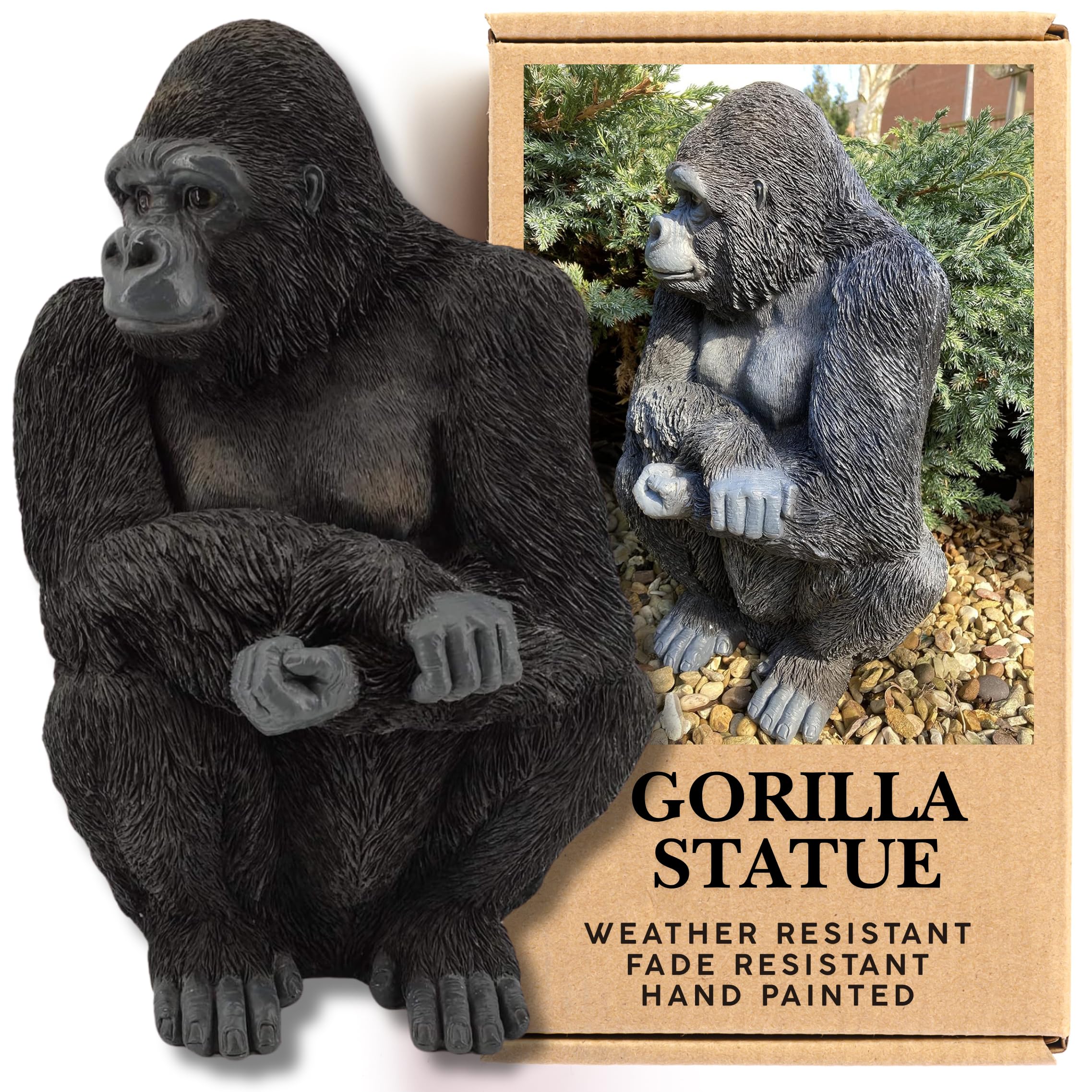 G & H Decor - Realistic 15 Inch Gorilla Statue - Hand Painted resin Gorilla Garden Ornaments Figurine - Intricate Detail Suitable for Indoor or Outdoor Use - Weather Resistant Animal Garden Ornaments