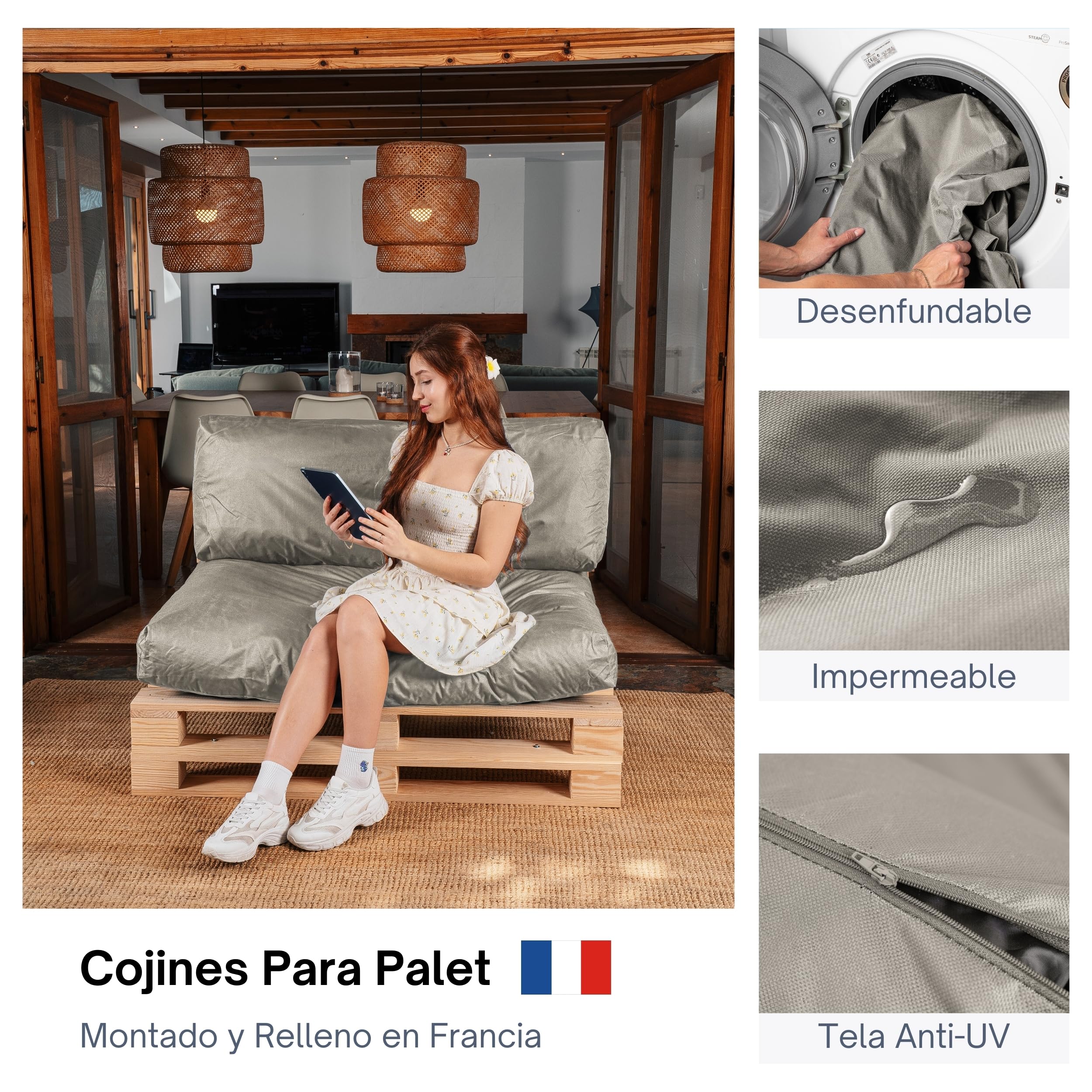 bananair - Cojines para Palets Impermeables y Desenfundables - Muy Cómodos, Relleno de Espuma - Cojines Exterior para Jardín y Terraza (1 Asiento 120x80 + 1 Respaldo 120x40, Gris Claro)